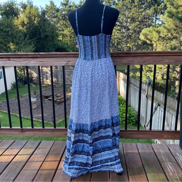 Japna Boho Sleeveless Maxi Dress Paisley Floral Smocked Large Blue White Summer - Picture 6 of 13